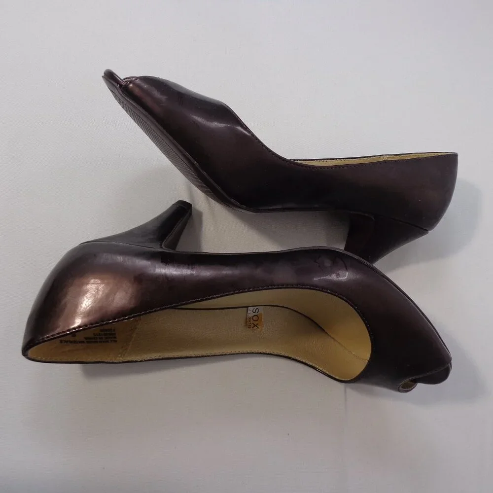 Mossimo Women’s Shiny Brown Mid Heel Peep-Toe Pumps Heels Shoes Size 8‎